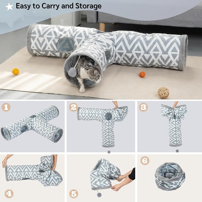 JanYoo Plush Rabbit Hideout Bunny Tunnel and Tube 3 Ways Guinea Pig Tunnel | 47'' Collapsible Cat Toys with Interactive Ball for Indoor Kittens Rabbits Ferret Guinea Pigs Pet Accessories