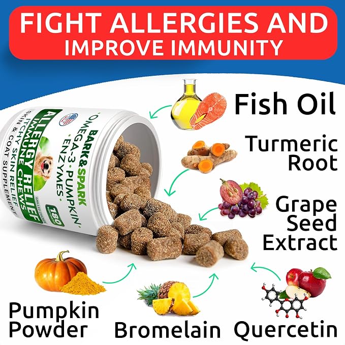 BARK&SPARK Dog Allergy Relief Soft Chews for Skin Health & Seasonal Allergies - Anti-Itch Supplement w/Omega-3, Quercetin & Bromelain Immune Treats for Dry Skin & Hot Spots - Chicken - 120ct
