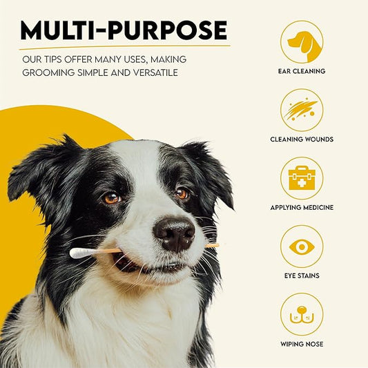 6-Inch Long Cotton Tips for Cleaning Dogs' Ears | Extra-Long Cotton Swabs for Dog Ear Cleaning | Eco-Friendly Dog Ear Swabs & Pads | Organic Bamboo & Cotton | 100-Pack