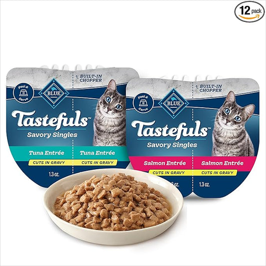 Blue Buffalo Tastefuls Savory Singles Natural Wet Cat Food Cuts in Gravy, Salmon and Tuna Variety Pack, 2.6-oz. Trays, 12-Count