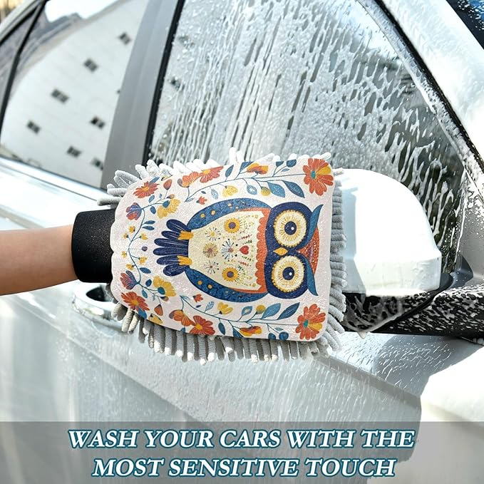 Car Wash Mitt Microfiber Wash Mitts for Car Washing Scratch-Free Cleaning Gloves Soft Non Absorbent Chenille Auto Hand Mitt Large 2Pack Folk Owl