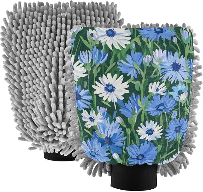 Car Wash Mitt Microfiber Wash Mitts for Car Washing Scratch-Free Cleaning Gloves Soft Non Absorbent Chenille Auto Hand Mitt Medium 2Pack Cornflower Green Leaves