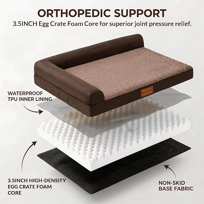 Patas Lague Orthopedic Dog Bed Medium Size Dog 30''X20'', Waterproof L Bolster Medium Pet Sofa Beds with Removable Washable Cover, Soft Pet Couch Crate Mat with Nonskid Bottom, Brown