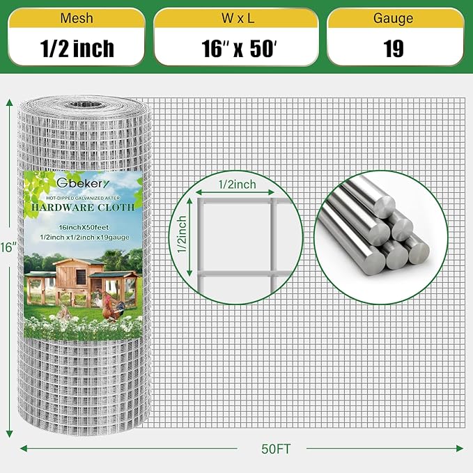Gbekery Hardware Cloth 1/2 inch 16in x 50ft 19 Gauge, Hot-dip Galvanized After Welding Chicken Wire Mesh Roll Garden Plant Welded Metal Wire Fencing Roll, Rabbit Cages Snake Fence