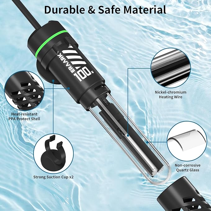 ERAARK 50W 100W Small Submersible Aquarium Heater, Constant Temperature 77℉, Betta Fish Tank Heater Suitable for Saltwater and Freshwater, 5/10/20 Gallon Fish Tahk (100W)