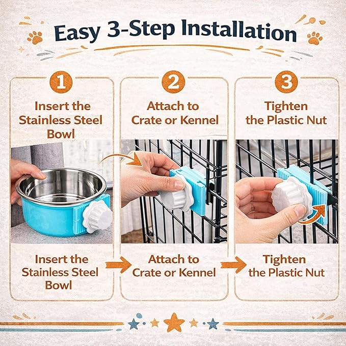 HERCOCCI 2Pcs Dog Crate Bowls, Hanging Removable Stainless Steel Food and Water Bowls for Puppies, Small Dogs, Cats, Rabbits & Ferrets (Blue, Red)
