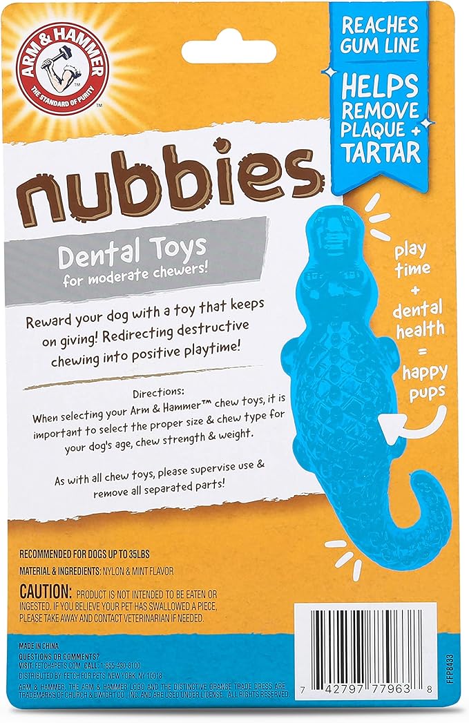 Arm & Hammer Nubbies Gator Dental Chew Toy for Dogs, Mint Flavor, Baking Soda Infused, Scrubbing Grooves to Reduce Plaque and Tartar, No Stuffing, for Moderate Chewers