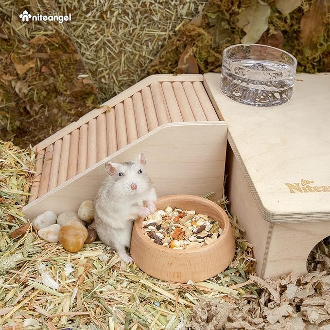 Niteangel Wooden Hamster Feeding Bowl - Small Animal Food Dish for Dwarf Syrian Hamsters Gerbils Mice Degus or Other Similar-Sized Small Pets (Hammy Pattern, for Dwarf)