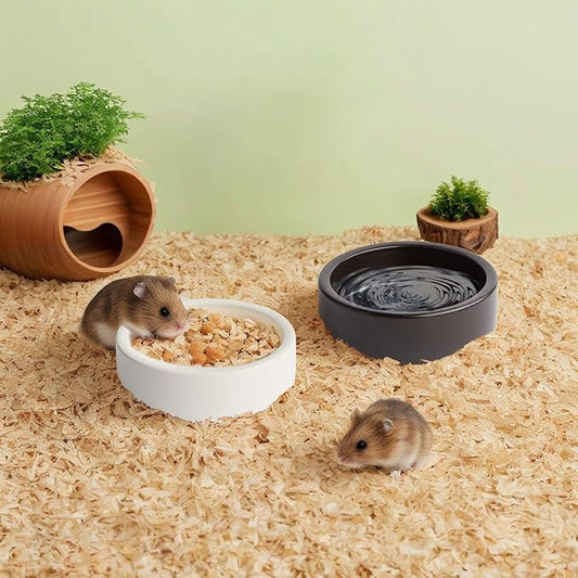 2 Pack Ceramic Bowls for Syrian Hamster & Hedgehog, 3.9" Diameter, Shallow Chew-Proof Dish, Non-Slip Base, Easy to Clean (White + Black)