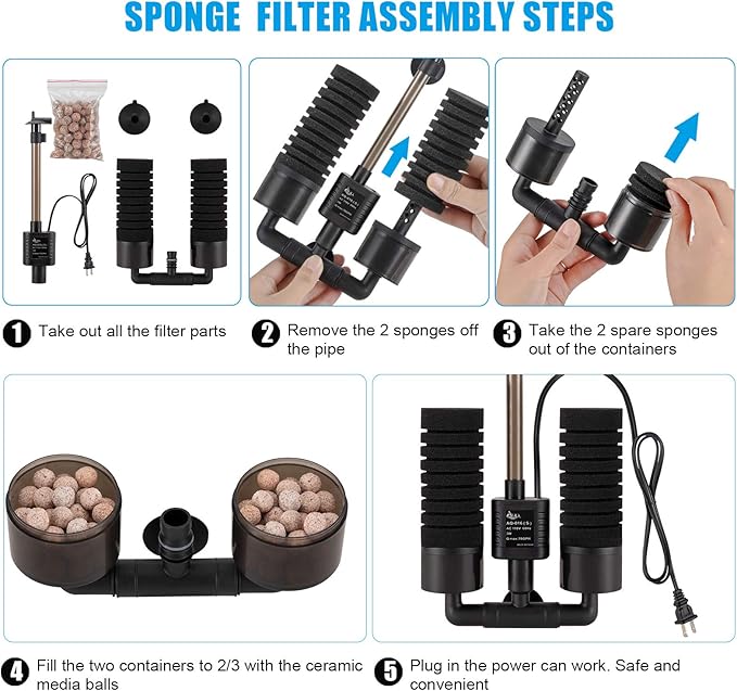 AQQA Aquarium Sponge Filter, Power Driven Double Biochemical Water Filter, Quiet Submersible Foam Filter with 2 Extra Sponges, 1 Bag of Filtered Ceramic Balls for Fresh and Salt Water Fish Tank (S)