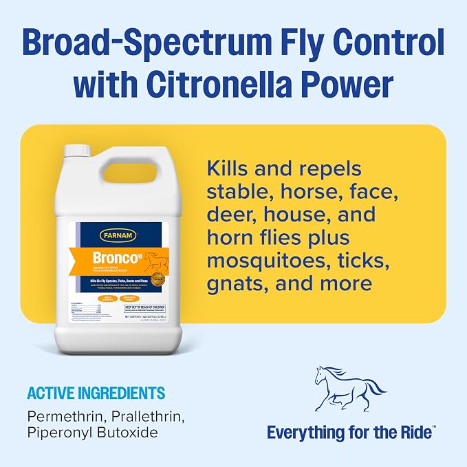 Farnam Bronco E Fly Spray for Horses, Dogs & Premises - Water-Based Fly Spray Kills & Repels Stable, Horse, Deer, House & Horn Flies, Mosquitoes, Fleas, Chiggers, Ticks, Lice & Gnats [128 oz Refill]