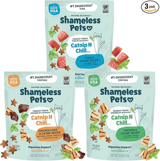Shameless Pets Crunchy Cat Treats - Kitty Treats for Cats with Digestive Support, Natural Ingredients for Kittens, Healthy Flavored Feline Snacks - Variety Pack, 3-Pk