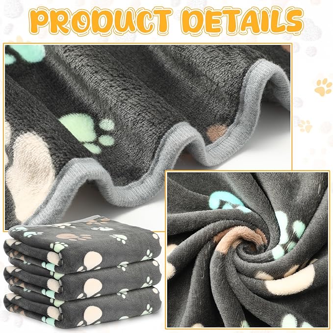 Tegeme 12 Pcs Pet Blankets 41 x 30 Inch Soft Fluffy Fleece Dog Cat Warm Paw Print Pattern Blankets Flannel Throw for Pets Dog Puppy Cat(Gray)