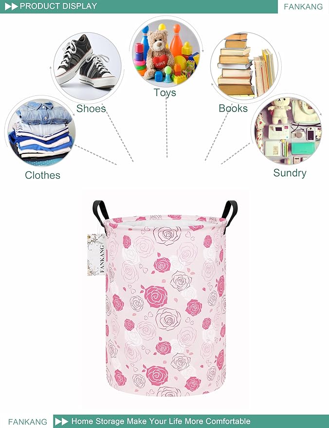 Storage Basket, Nursery Hamper Canvas Laundry Basket Foldable with Waterproof PE Coating Large Storage Baskets for Kids Boys and Girls, Office, Bedroom, Clothes,Toys(Pink roses)