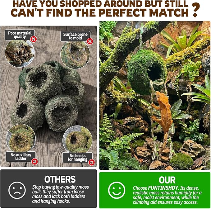 Moss Cave Hideout with Hanging Rope & Hemp Climbing Ladder – Natural Reptile Tank Decor Accessories for Crested Geckos, Chameleons, Tree Frogs, Leopard Geckos & Snakes. Terrarium & Vivarium Decor (4")