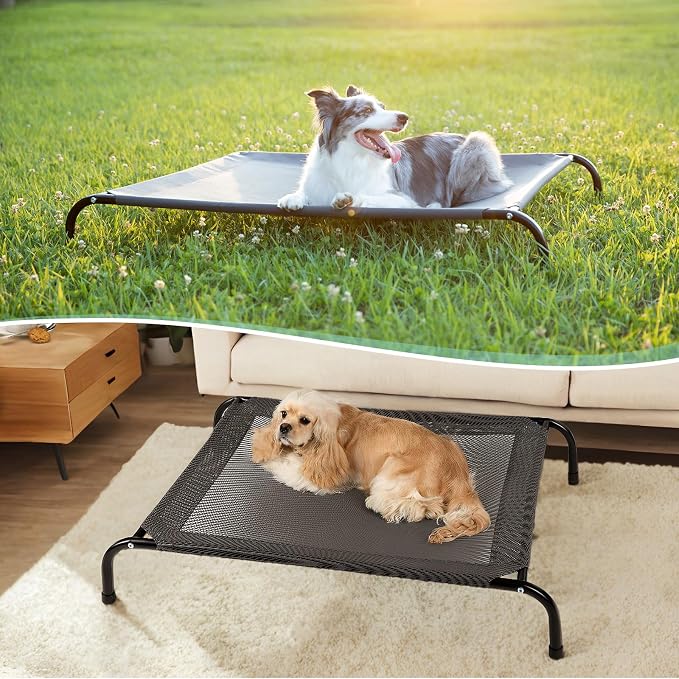 Cooling Elevated Dog Bed with Non-Slip Floor Protectors & Breathable Mesh, Raised Indoor & Outdoor Dog Cot Hammock, 34" L x 22" W x 8" Th, Small, Grey