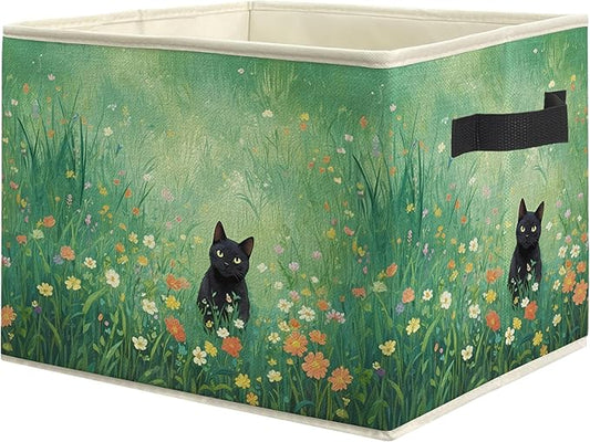 Green Wildflower Black Cat Storage Bin Box, Cat Lover Mom Lady Grandma Gifts Collapsible Storage Basket Organizer for Bedroom Bathroom Home Clothes Toys Books, Toybox for Girls