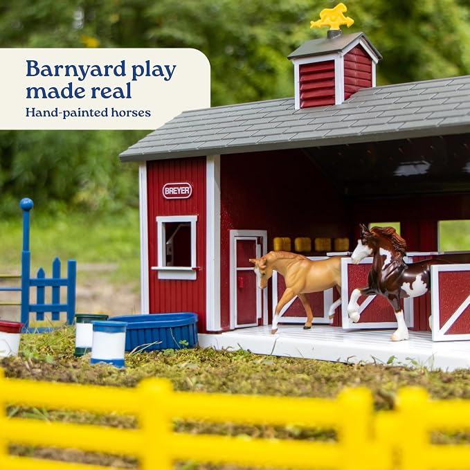 Breyer Stablemates Red Stable Set with Two Horse Figurines - Premium Horse Barn Toy for Kids - Educational Collectible Equestrian Gift for Kids - Imaginative Play Set
