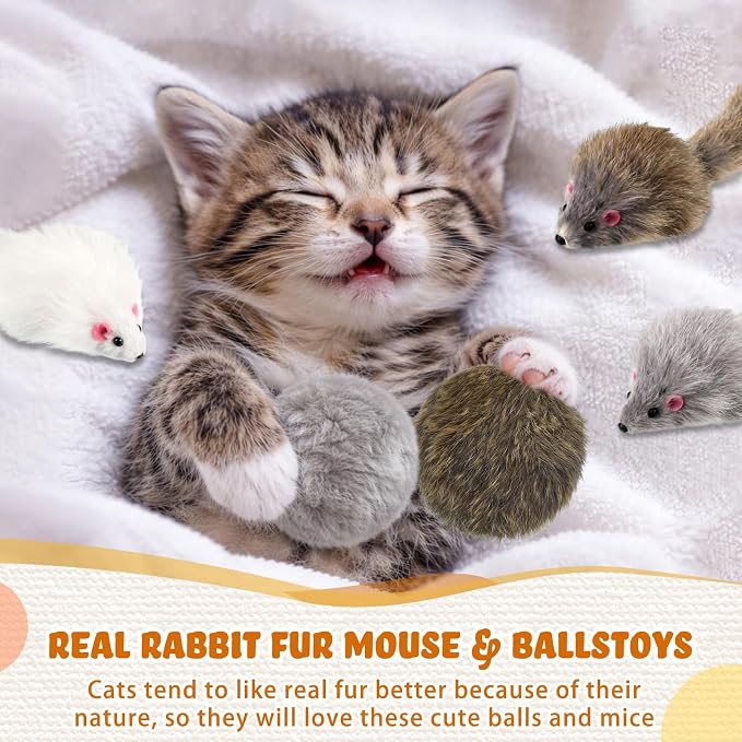 Lewtemi 24 Pcs Real Rabbit Fur Mouse Toys for Cats 12 Fluffy Rattle Mouse and 12 Fuzzy Cat Balls Realistic Fake Mice Without Catnip Interactive Kitty Toy for Pets Kitten Play