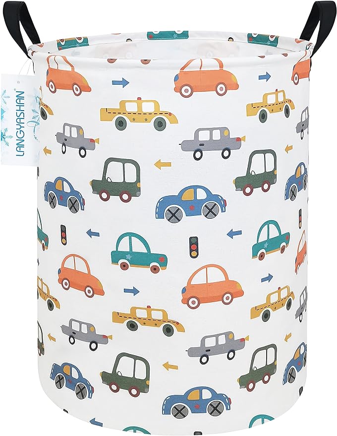 Laundry Basket Canvas Fabric Collapsible Organizer Basket for Storage Bin Toy Bins Gift Baskets Bedroom Clothes Children Nursery Hamper (Round Color Cars)