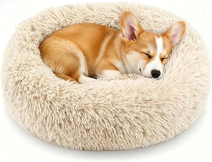 Calming Anti-Anxiety Donuts Dog And Cat Bed, Round Fluffy Soft Washable Small Medium Pet Bed For Puppy And Kitten, Cuddler Warming Comfortable Luxury Anti-Slip Waterproof Mute Base 24in Light-Brown