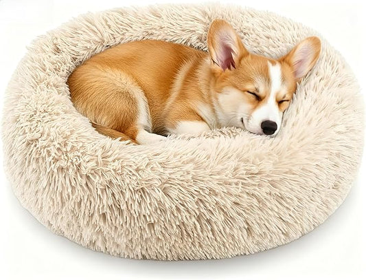 Calming Anti-Anxiety Donuts Dog And Cat Bed, Round Fluffy Soft Washable Small Medium Pet Bed For Puppy And Kitten, Cuddler Warming Comfortable Luxury Anti-Slip Waterproof Mute Base 24in Light-Brown