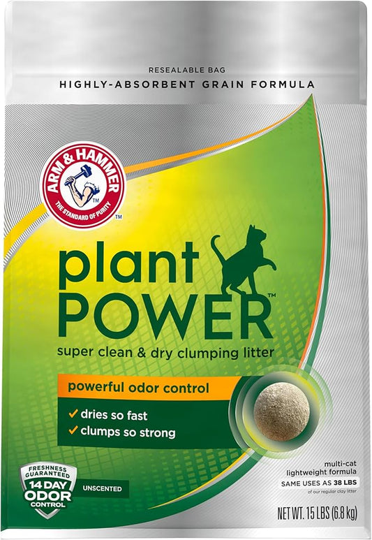 ARM & Hammer Plant Power Lightweight Plant-Based Clumping Cat Litter for Multi-Cat Homes, 14-Day Odor Control, Highly Absorbent Natural Grain Formula, Unscented 15 Lbs