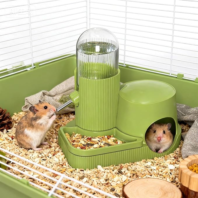 3 in 1 Hamster Water Bottle No Drip Automatic Water Dispenser with Food Bowl Container & Hideout Base Hut for Dwarf Hamster Mouse Rat Gerbils Mice Cage Accessories (Green)