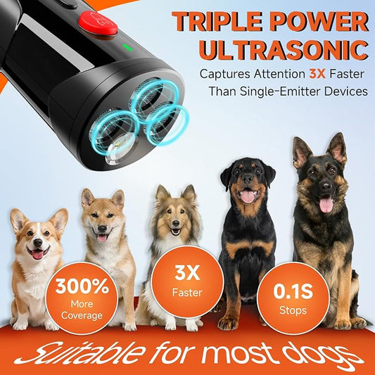 Dog Bark Deterrent Device, 3X Ultrasonic Anti Barking Device 6 Modes Dog Trainer Rechargeable & Portable Safe Bark Control Indoor Outdoor for All Dogs with LED Flashlight - Red Button