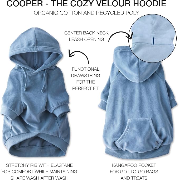 Pet Passion Cooper II Organic Cotton Velour Dog Hoodie Pet Coat for Small, Medium and Large Dogs, Faded Denim, XXX-Small (up to 5lbs)
