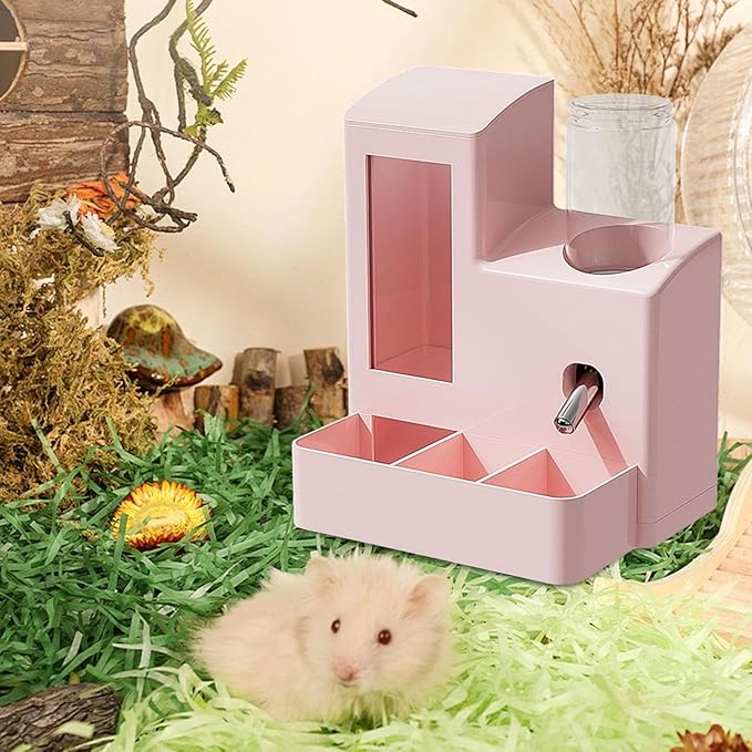 3 in 1 Hamster Automatic Feeder Dispenser Easy to Clean Container Feeding Station for Home Ferrets Bunny Small Animal Patio, Pink 80ml Bottle