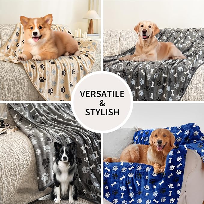 Dog Blanket Paw Bone Pattern 1 Pack 2 Super Soft Warm Flannel Sofa Cover Car Bed Protector, Urine Proof Washable Outdoor Pet Blanket for Puppy Large Dogs & Cats,40"*30" Grey&Beige