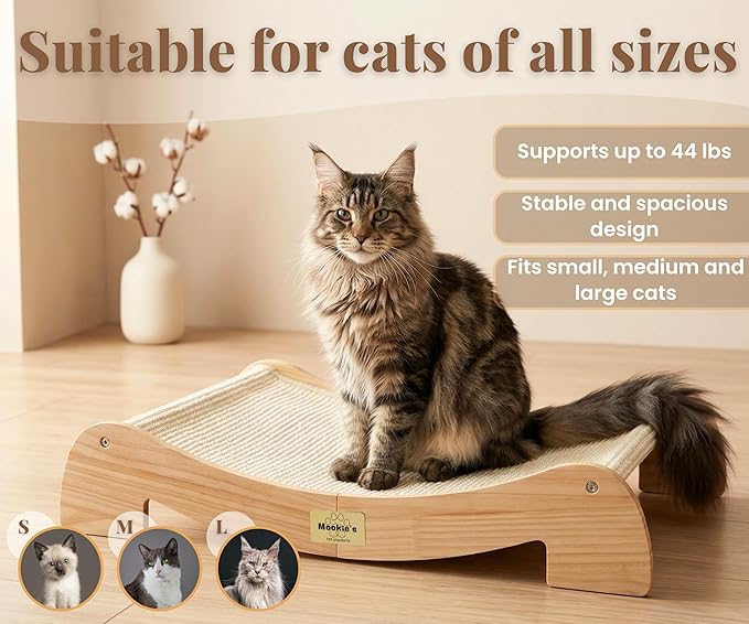 Mookie’s Extra Wide Cat Scratcher Bed, 26.5” x 16.7” – Stable Wooden Cat Scratcher Lounge with Natural Sisal, Solid Wood Horizontal Scratching Bed for Large Indoor Cats | Furniture for Cats