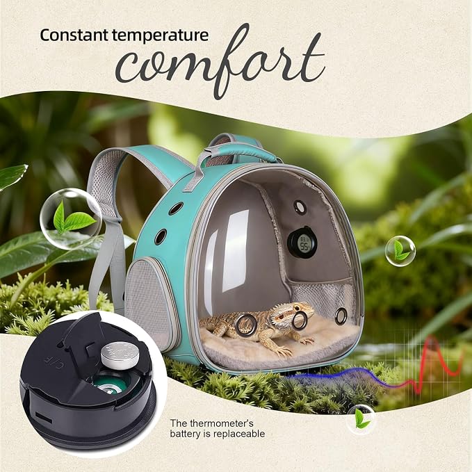 Bearded Dragon Travel Backpack Carrier with Reptile Thermometer and Humidity Gauge Lizard Travel Cage Space Capsule Clear Bubble Window Astronaut Reptile Bag for Ball Python (Green, Backpack)