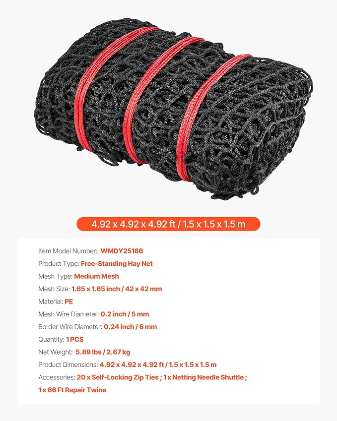 VEVOR Round Bale Hay Net, 4.92 x 4.92 x 4.92 ft, 1.65 inch Holes, PE Material, Knotless Design, with Self-Locking Zip Ties, Needle Shuttle, and Repair Twine, Slow Feeder Round Bale Net for Horses