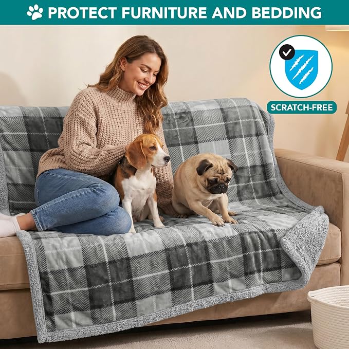 PetAmi Dog Blanket for Small Medium Dogs and Cats, Soft Sherpa Fleece Pet Blanket Throw Puppies Kittens, Reversible Plush Couch Cover Protector Sofa Bed Crate Machine Washable, 60x40, Plaid Light Gray