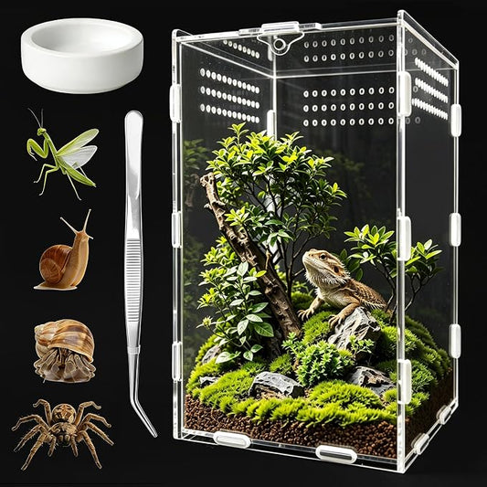 Jumping Spider Enclosure, Insect Terrarium, Bug Cage, Acrylic Terrarium for Tarantula, Snail, Praying Mantis, Frog, and Small Reptiles, Includes Tweezer and Bowl, (5.9" x 5.9" x 9.8")