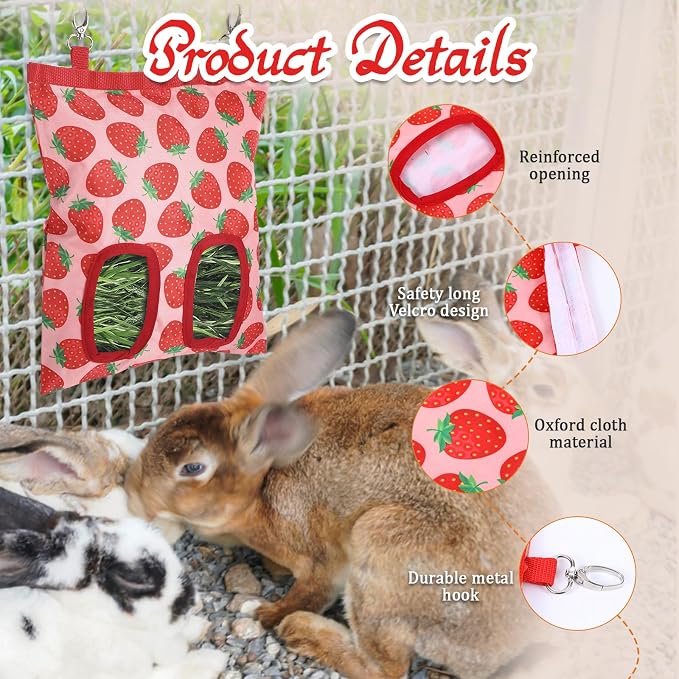 Rabbit Hay Feeder, 2 Hole Hanging Hay Bag for Rabbits Guinea Pig Bunny Chinchillas Washable Rabbit Hay Holder 11x9.8inch