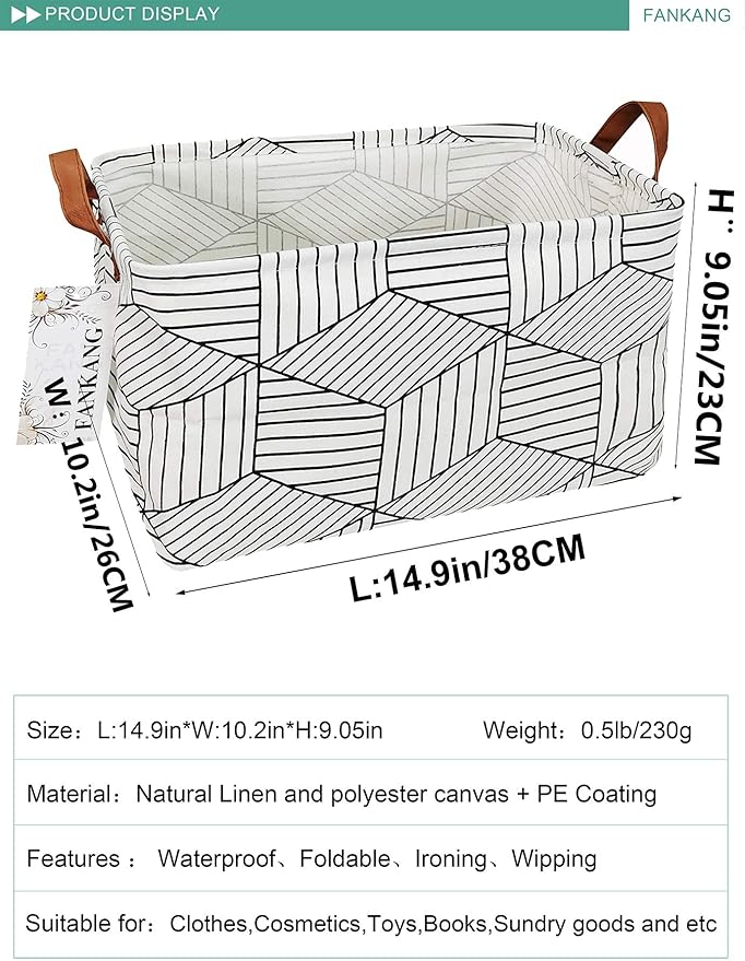 Storage Basket,Nursery Hamper Canvas Laundry Basket Foldable with Waterproof PE Coating Storage, Office, Bedroom, Clothes,Toys (L, REC-Diamond)