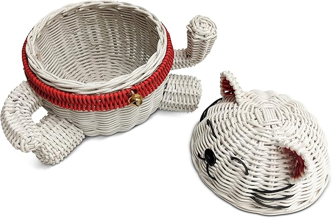 G6 Collection Lucky Cat Rattan Storage Basket With Lid Decorative Bin Home Decor Hand Woven Shelf Organizer Cute Handmade Handcrafted Nursery Gift Animal Art Decoration Artwork Lucky Cat