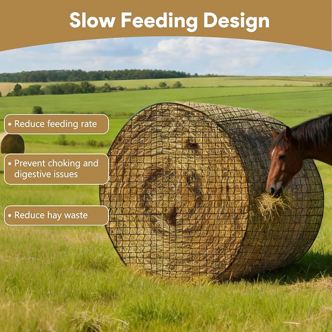 5×5 FT Round Bale Hay Net for Horses & Goats, Heavy Duty Knotless Slow Feed Hay Nets, 1.75" Mesh, Weather Resistant Round Bale Net with Repair Kit for Pasture and Barn