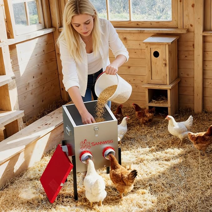 Chicken Feeders,30 lb Capacity 6 Port Automatic Chicken Feeder, Metal Chick Feeder with Locking Lid and Legs, Chicken Feeder for Chickens, Ducks, Geese