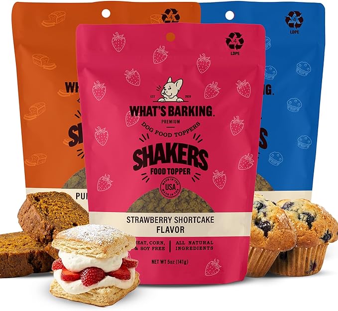 What's Barking Shakers Meal Toppers, Dog Treat Crumbles for Food Topping, Pet Essentials, Sprinkle Topper for Kibble or Wet Food, Made in USA, Resealable Bag (Pack of 3, Variety Pack)