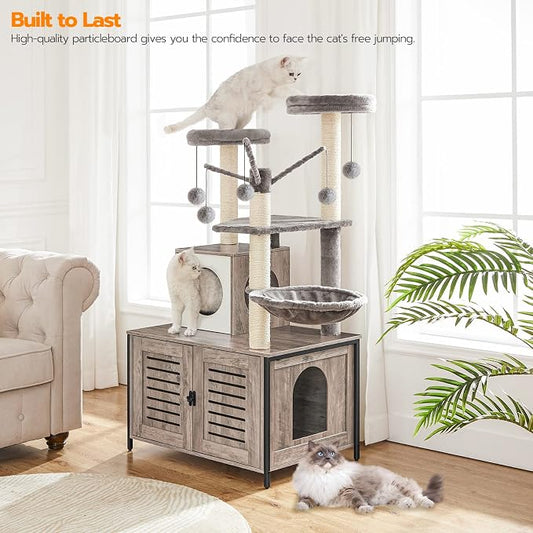 HOOBRO Cat Tree with Litter Box Enclosure, 27.6" L x 18.9" W x 52" H, All-in-One Wooden Cat Tower, Cat Furniture for Indoor Cats, Cat Condo with Hammock, Detachable Teaser Sticks, Greige BG14MZ03