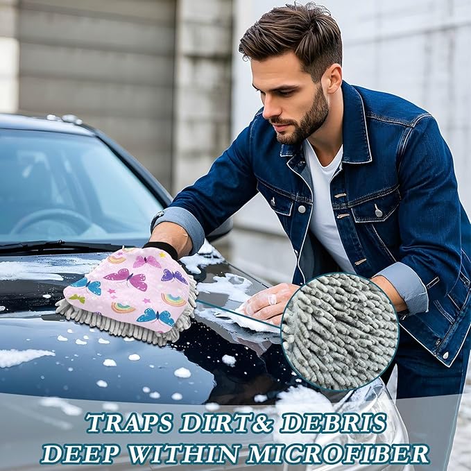 Car Wash Mitt Microfiber Wash Mitts for Car Washing Scratch-Free Cleaning Gloves Soft Non Absorbent Chenille Auto Hand Mitt Medium 2Pack Butterflies Rainbows Pink