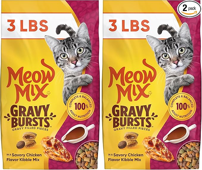 Meow Mix Gravy Bursts, Savory Chicken Flavor Mix, Gravy Filled Dry Cat Food, 3 lb. Bag (Pack of 2)