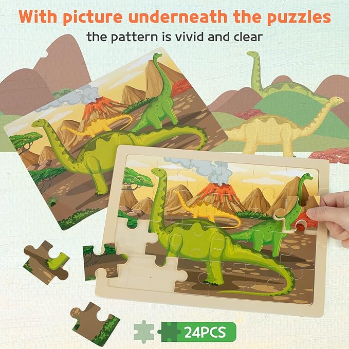SYNARRY Large Dinosaur Wooden Puzzles for Kids 4 in 1 Gift Box(12.2 * 9.4 in), Jigsaw Puzzles for Kids Ages 4-6, Wood Puzzles for Kids Ages 3-5, Dinosaur Toys Gifts for 3 4 5 Year Old Boys Girls