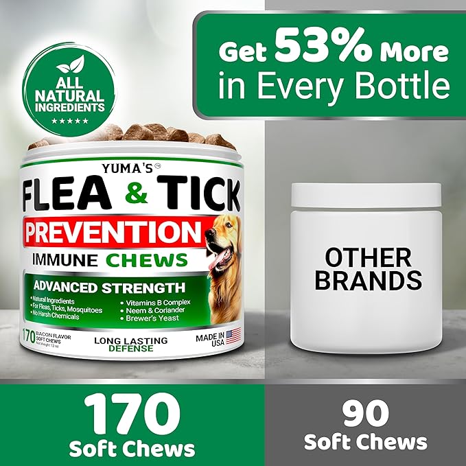 Flea and Tick Prevention for Dogs Chewables - 170 Treats - Natural Dog Flea and Tick Treatment Chewable Supplement - Oral Pills - All Breeds & Ages - Soft Chews - Made in USA - Bacon Flavor
