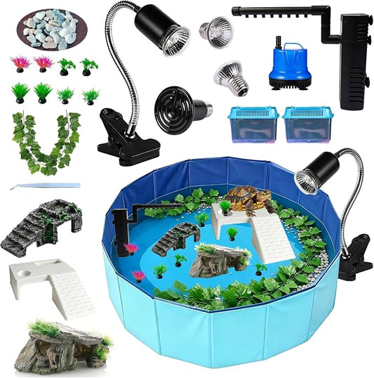 22.8 inch Large Size Turtle Tank Habitat Kit with Basking Platform, for Turtles, Crayfish, Crab, Aquatic Tortoise Enclosure Starter Aquarium, Pet Turtle Reptile Habitat