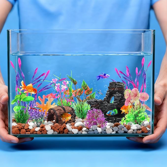 QUOZUO 15 Pcs Aquarium Artificial Plastic Plants Decorations and Resin Barrel and Coral Rock Cave Set, Fish Tank Accessories Hideout Ornaments Aquarium Decor Set